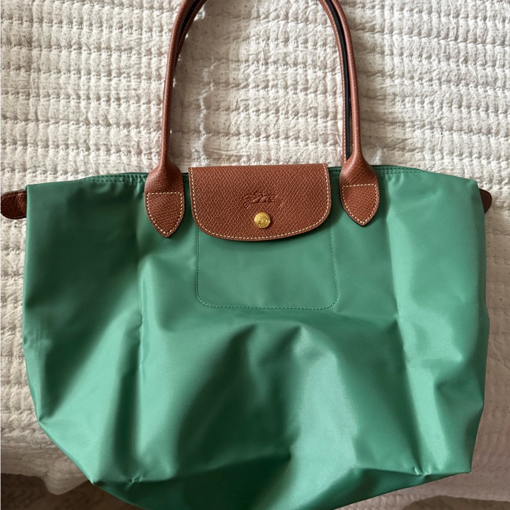 NEW - Longchamp - Green and Brown Nylon Tote with Leather Handles